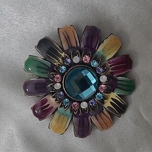 Flower pin turquoise purple  yellow  pink rhinestones